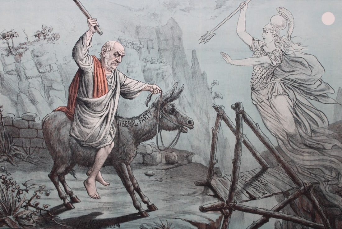 Tom Merry political cartoon - The Modern Balaam 1887: This double-page coloured lithograph is from St Stephen?s review by Tom Merry (the pseudonym of William Mecham). Merry was a cartoonist and political satirist who created the centrespread, in colour, 