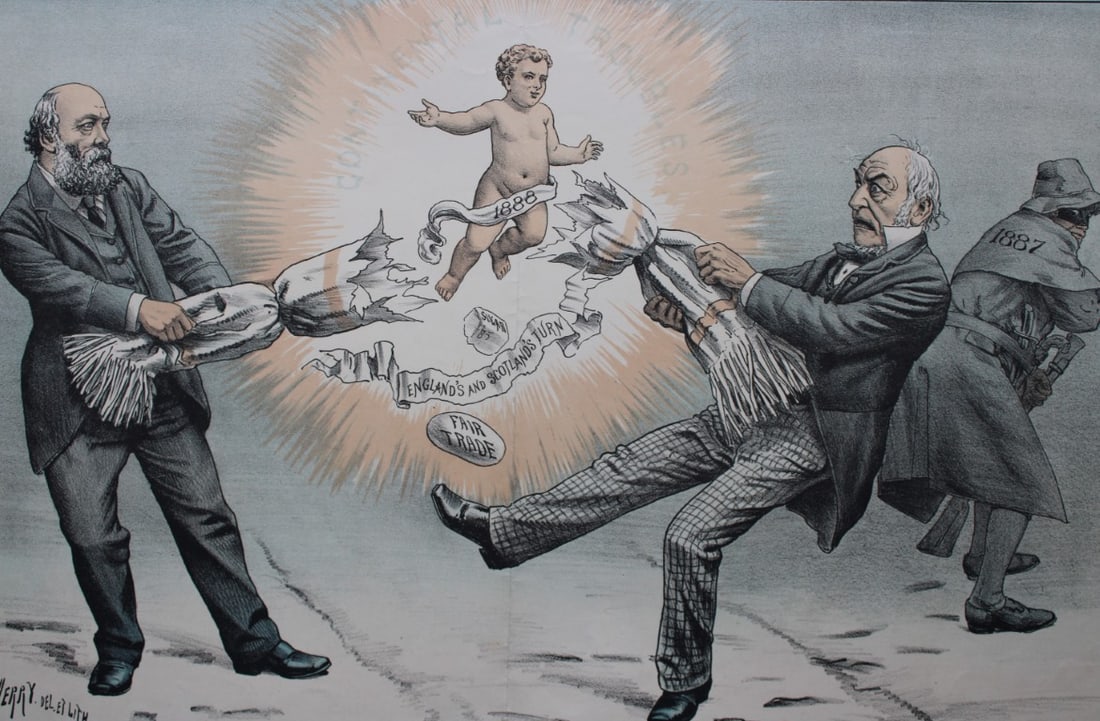 Tom Merry political cartoon - The New Year 1887: This double-page coloured lithograph is from St Stephen?s review by Tom Merry (the pseudonym of William Mecham). Merry was a cartoonist and political satirist who created the centrespread, in colour, 