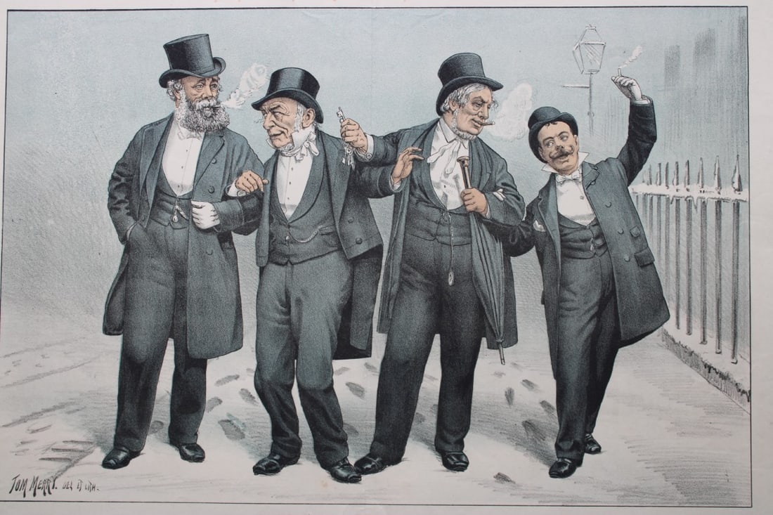 Tom Merry political cartoon - Christmas brings Union 1887: This double-page coloured lithograph is from St Stephen?s review by Tom Merry (the pseudonym of William Mecham). Merry was a cartoonist and political satirist who created the centrespread, in colour, 
