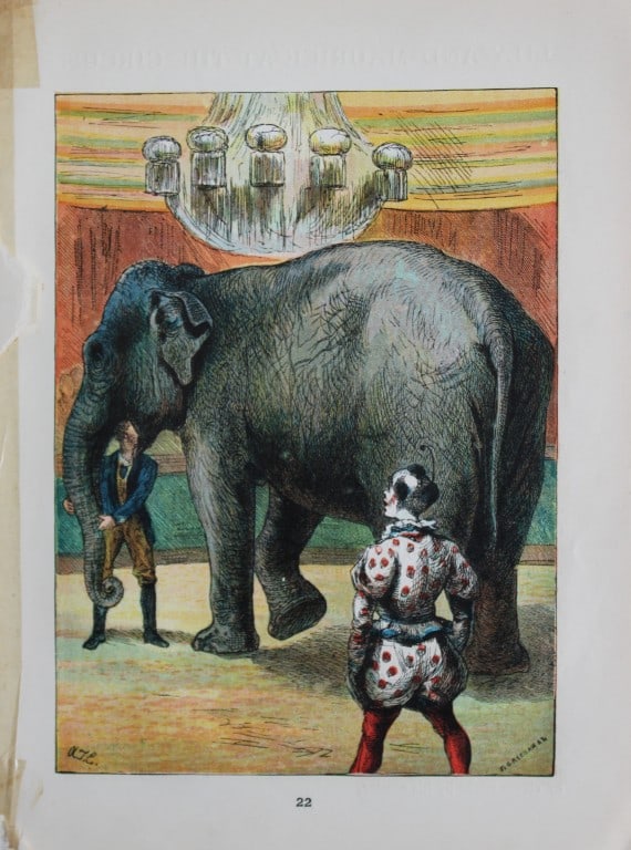 AT Elwes - Elephant 1884: This print is from Little Wide Awake annual published in 1884 by George Routledge and Sons, London.The illustrations in this work were by A Baker, Gordon Browne, ME Edwards, AT Elwes, Kate Greenaway, 