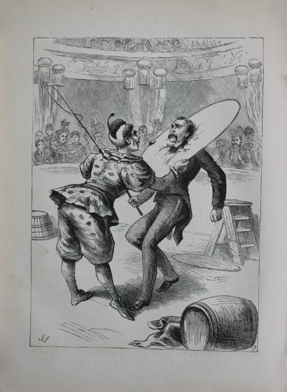 AT Elwes - Clown holds the Hoop 1884: This print is from Little Wide Awake annual published in 1884 by George Routledge and Sons, London.The illustrations in this work were by A Baker, Gordon Browne, ME Edwards, AT Elwes, Kate Greenaway, 