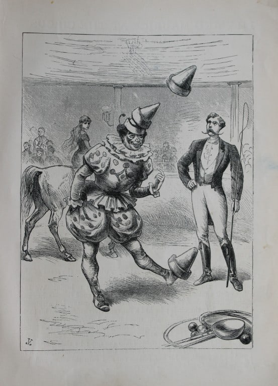 AT Elwes - Clown and his Hats 1884: This print is from Little Wide Awake annual published in 1884 by George Routledge and Sons, London.The illustrations in this work were by A Baker, Gordon Browne, ME Edwards, AT Elwes, Kate Greenaway, 
