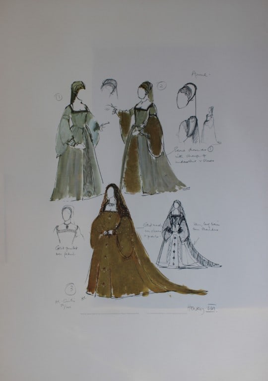 Ann Curtis - Costume for role of Anne Boleyn, Henry VIII at RSC c1970: This rare limited edition colour reproduction print of a costume design for the Royal Shakespeare Company, by the designer Ann Curtis, c1970.This print is on Glastonbury laid watermarked paper, consis