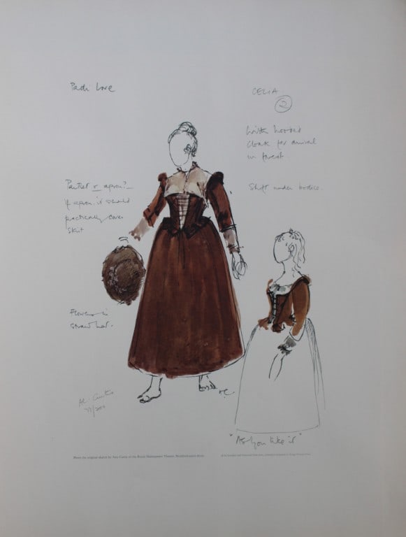 Ann Curtis - Costume for Celia , As You Like It at RSC c1970: This rare limited edition colour reproduction print of a costume design for the Royal Shakespeare Company, by the designer Ann Curtis, c1970.This print is on Glastonbury laid watermarked paper, consis