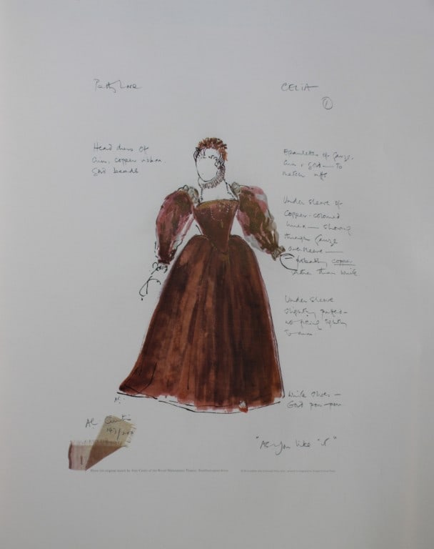 Ann Curtis - Costume for Celia , As You Like It at RSC c1970: This rare limited edition colour reproduction print of a costume design for the Royal Shakespeare Company, by the designer Ann Curtis, c1970.This print is on Glastonbury laid watermarked paper, consis