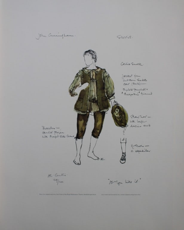Ann Curtis - Costume for Silvius, As You Like It at RSC c1970: This rare limited edition colour reproduction print of a costume design for the Royal Shakespeare Company, by the designer Ann Curtis, c1970.This print is on Glastonbury laid watermarked paper, consis