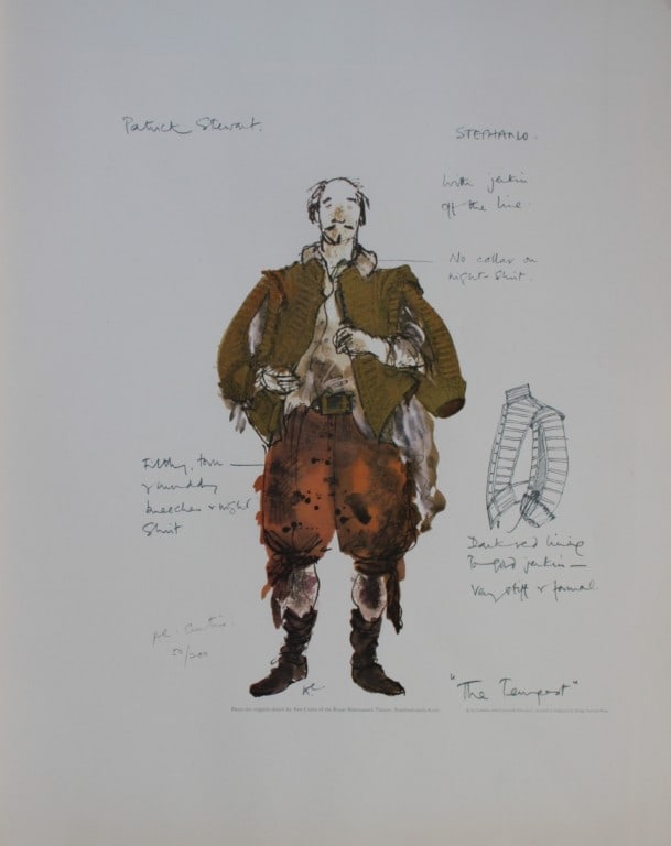 Ann Curtis - Costume for Stephanio, The Tempest at RSC c1970: This rare limited edition colour reproduction print of a costume design for the Royal Shakespeare Company, by the designer Ann Curtis, c1970.This print is on Glastonbury laid watermarked paper, consis