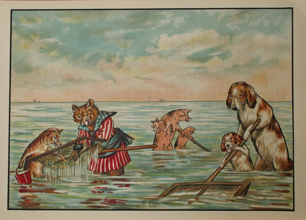 N Parker - Print from Larder Lodge 1909: This rare illustration by N Parker is from The Larder Lodge by B. Parker. Published in London and Edinburgh by W. & R. Chambers, Limited, 1909. This is a story told in verse of a family of foxes that 