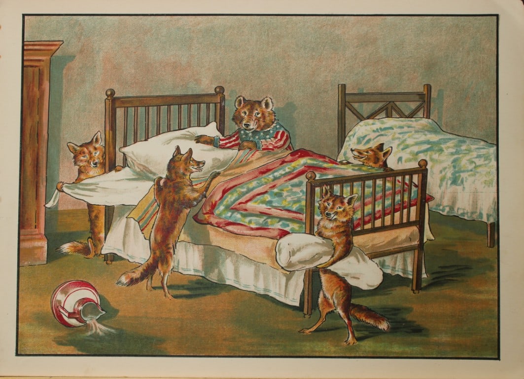 N Parker - Print from Larder Lodge 1909: This rare illustration by N Parker is from The Larder Lodge by B. Parker. Published in London and Edinburgh by W. & R. Chambers, Limited, 1909. This is a story told in verse of a family of foxes that 