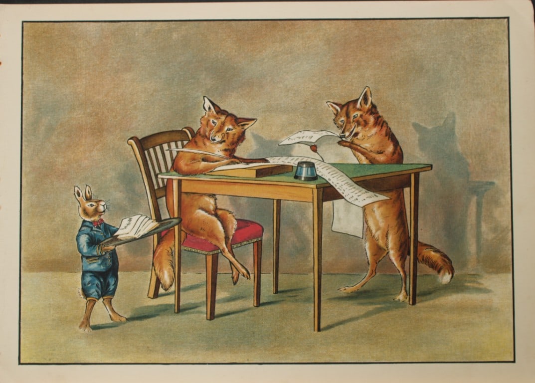 N Parker - Print from Larder Lodge 1909: This rare illustration by N Parker is from The Larder Lodge by B. Parker. Published in London and Edinburgh by W. & R. Chambers, Limited, 1909. This is a story told in verse of a family of foxes that 