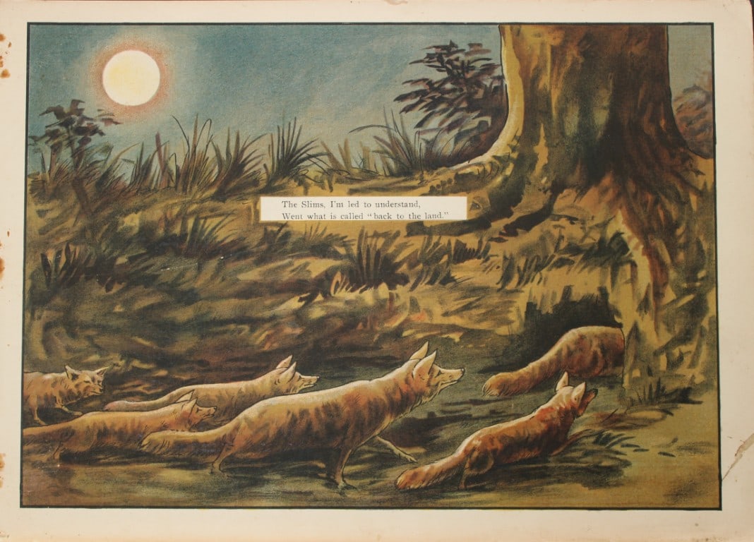 N Parker - Print from Larder Lodge 1909: This rare illustration by N Parker is from The Larder Lodge by B. Parker. Published in London and Edinburgh by W. & R. Chambers, Limited, 1909. This is a story told in verse of a family of foxes that 