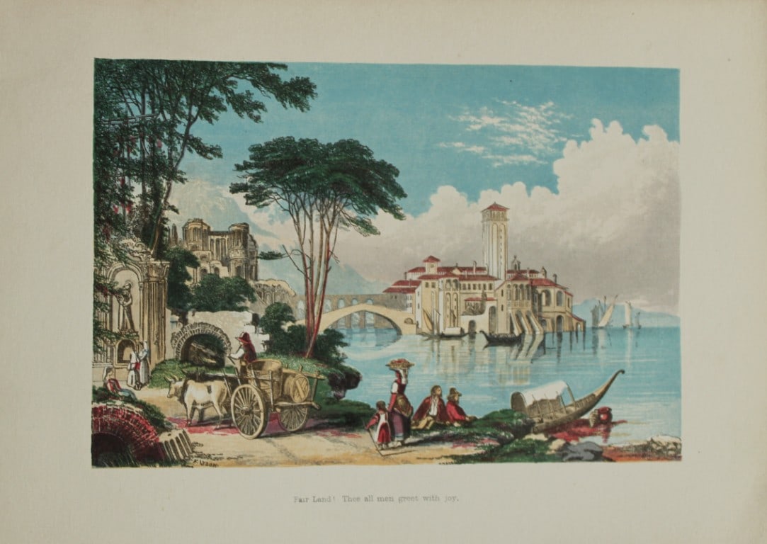 AF Lydon - After leaving Italy (Wordsworth) from Gems from the Poets 1860: This wood engraving is from Gems of the Poets, representative of the anthologies of poetry accompanied by pastoral illustrations published in the 1860. The volume was conceived and compiled by Alexand