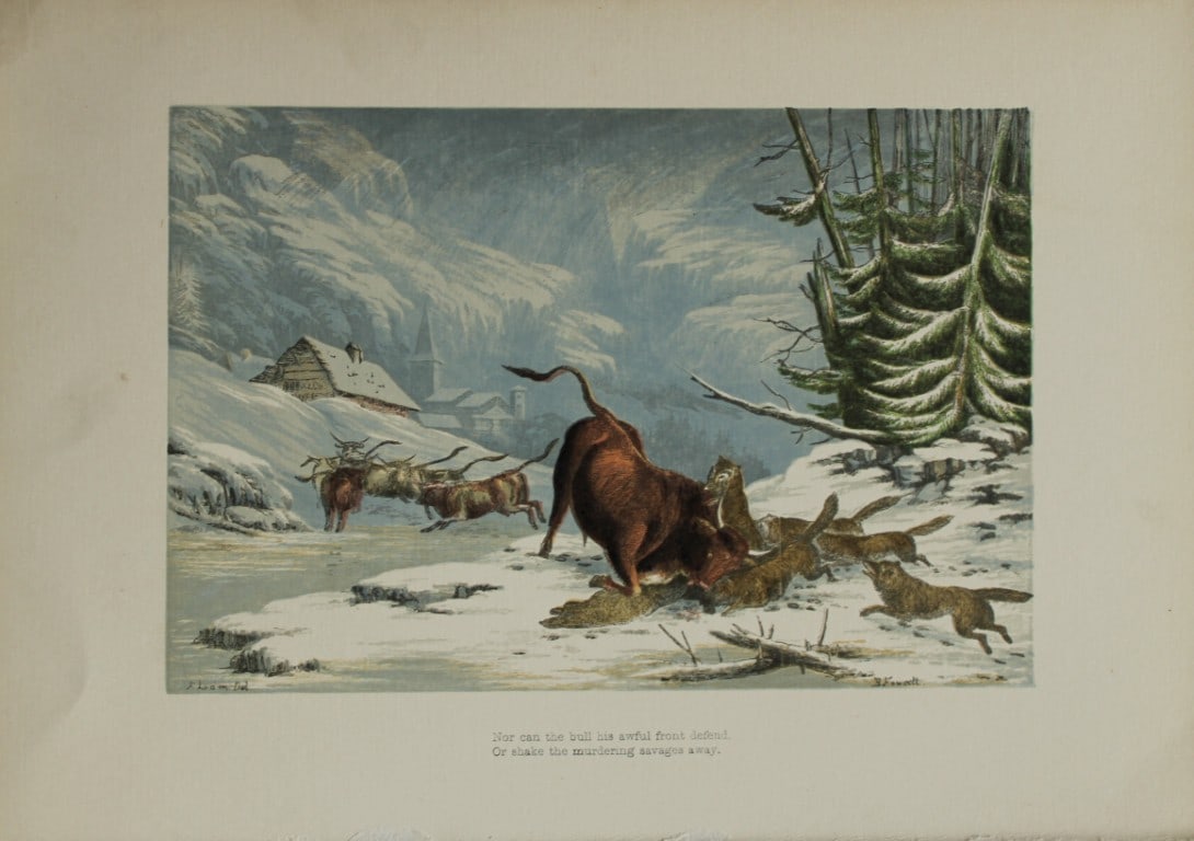 AF Lydon - Wolves in Winter (Thomson) from Gems from the Poets 1860: This wood engraving is from Gems of the Poets, representative of the anthologies of poetry accompanied by pastoral illustrations published in the 1860. The volume was conceived and compiled by Alexand