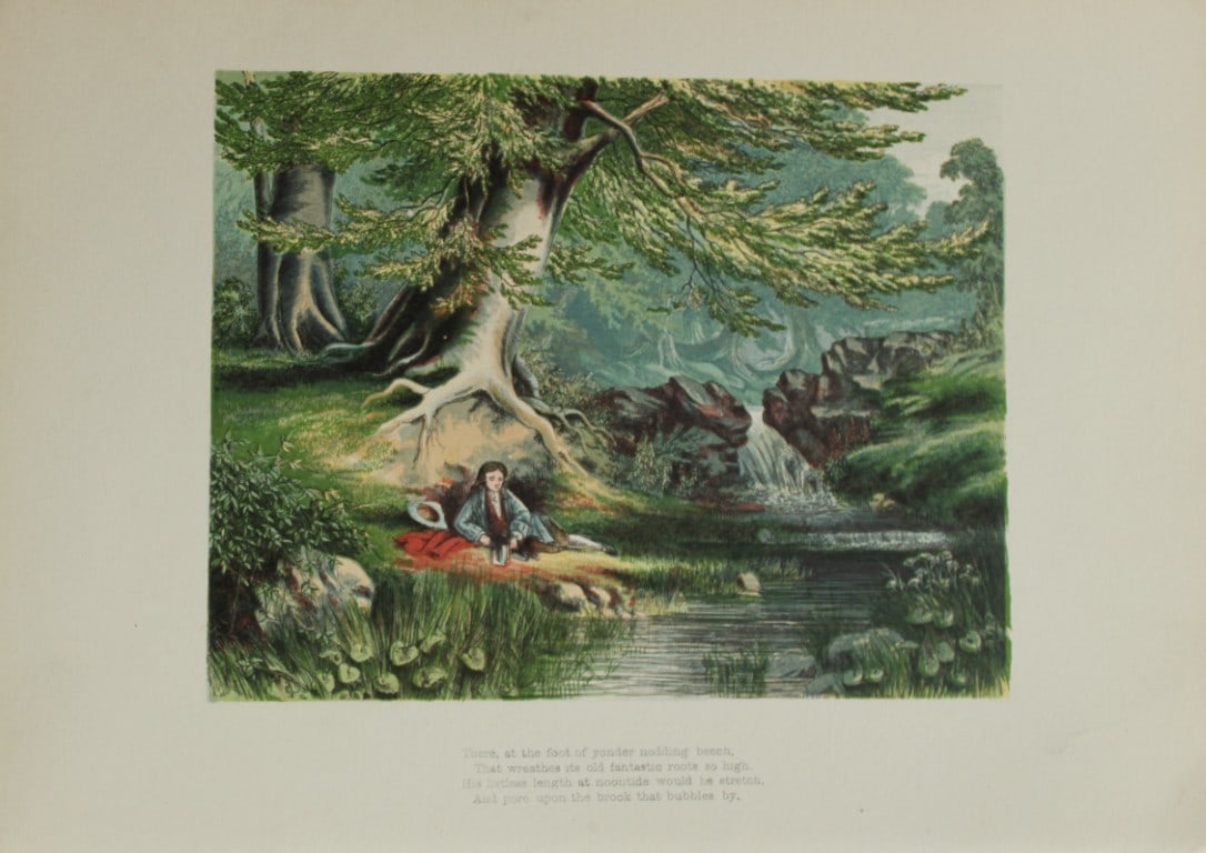 AF Lydon - Elegy Written in a Country Churchyard (Gray) from Gems from the Poets 1860: This wood engraving is from Gems of the Poets, representative of the anthologies of poetry accompanied by pastoral illustrations published in the 1860. The volume was conceived and compiled by Alexand