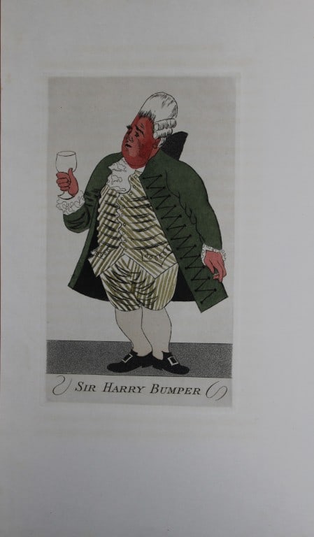 R Ben Sussan - 2 hand-coloured etchings from The School for Scandal by Sheridan 1934: Sir Harry Bumper and Sir Benjamin Backbite.These hand coloured etchings by Rene Ben Sussan are from The School for Scandal ? A Comedy by R Sheridan. Published in Oxford and printed for the Members of 