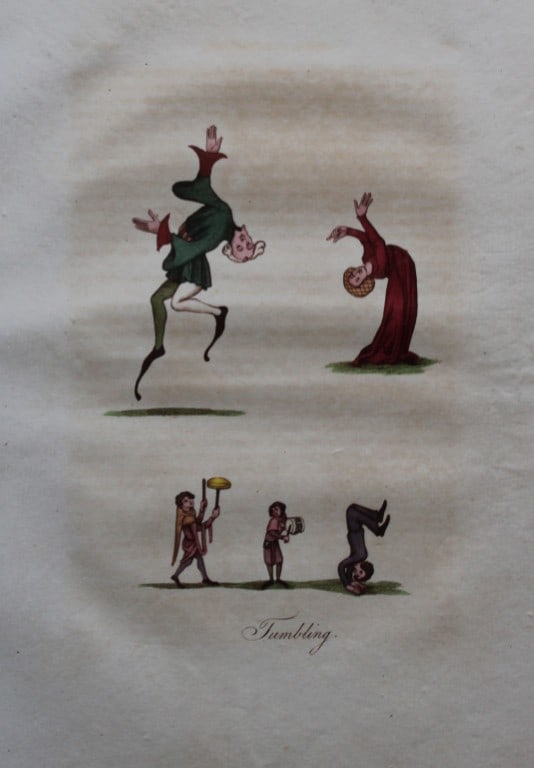 Joseph Strutt - Dancing & Tumbling 1801: These beautifully hand-coloured engraved plates are from Glig-Gamena Angel-Deod, or, The Sports and Pastimes of the People of England by Joseph Strutt. Published by T. Bensley & J. White, London 1801.
