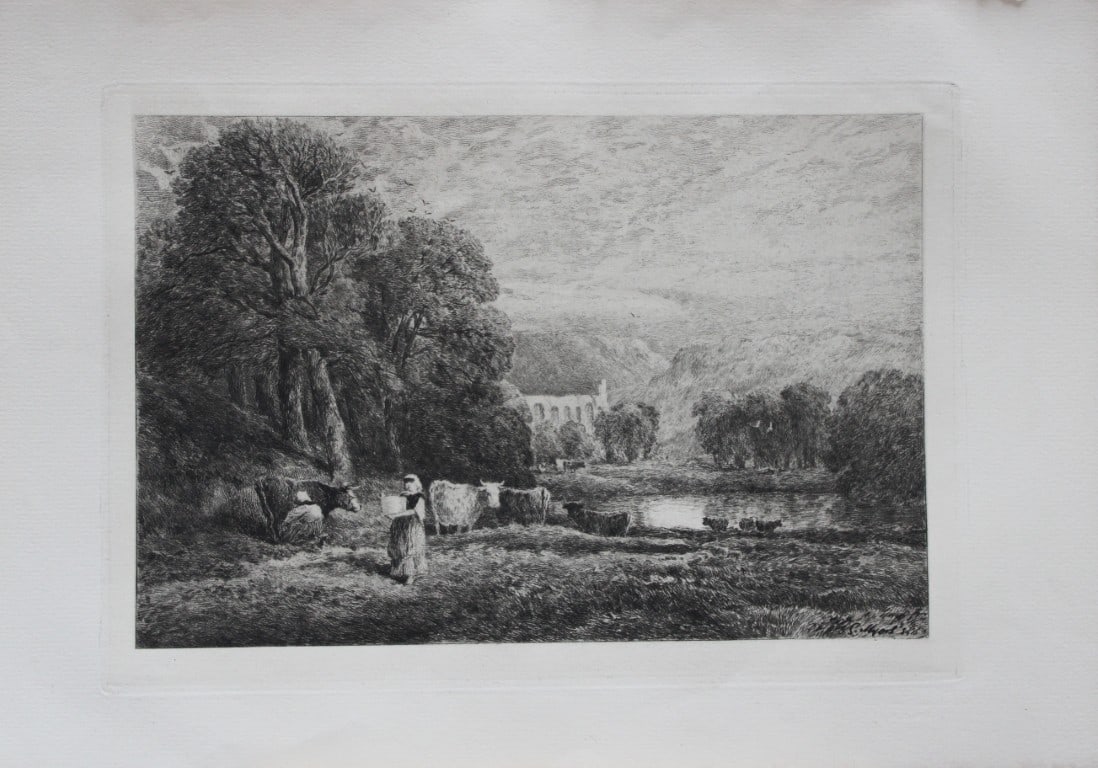 Bolton Abbey by David Cox etched by S Myers 1885: This print is from The Portfolio, an Artistic Periodical edited by Philip Hamerton.Published by Seeley and Co, London 1885.Size: 9.5in x 13.5in