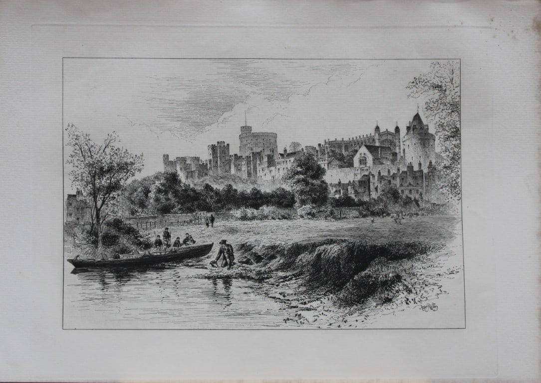 Windsor Castle from the Berkshire Bank by Herbert Railton 1885: This print is from The Portfolio, an Artistic Periodical edited by Philip Hamerton.Published by Seeley and Co, London 1885.Size: 9.5in x 13.5in