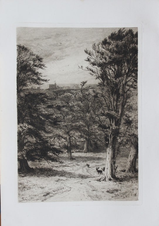 Windsor Park by Frederick Albert Slocombe 1885: This print is from The Portfolio, an Artistic Periodical edited by Philip Hamerton.Published by Seeley and Co, London 1885.Size: 9.5in x 13.5in