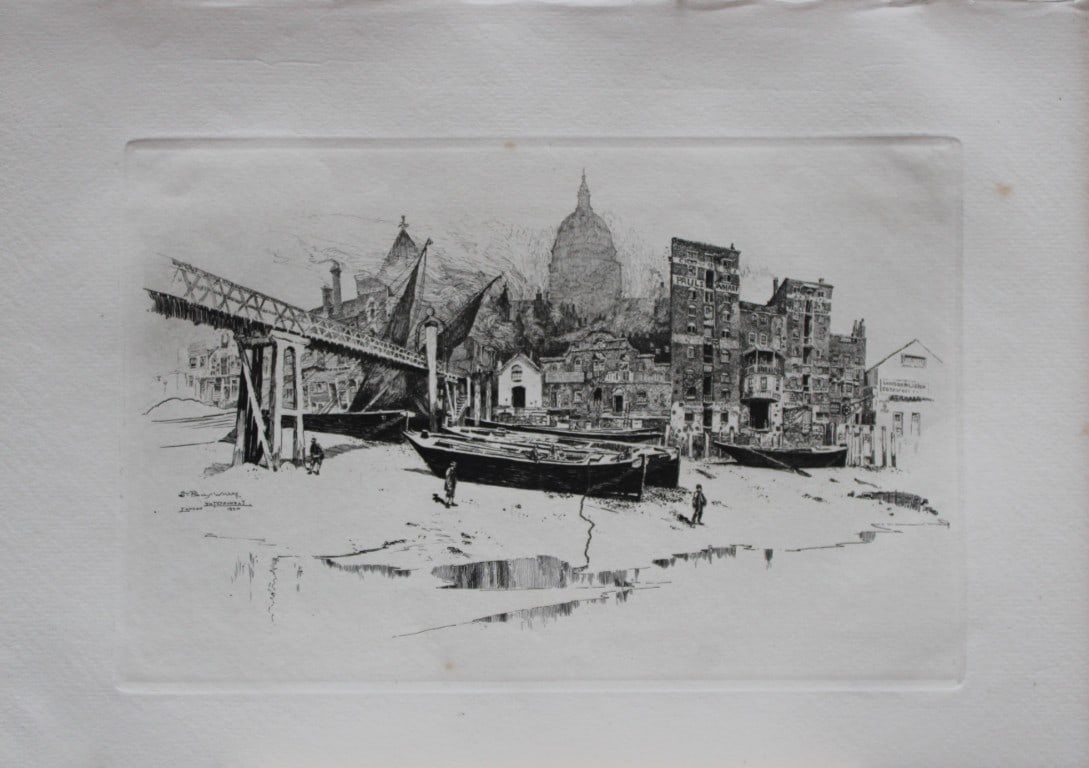 St. Paul's Wharf, London by Joseph Pennell 1884: This print is from The Portfolio, an Artistic Periodical edited by Philip Hamerton.Published by Seeley and Co, London 1885.Size: 9.5in x 13.5in