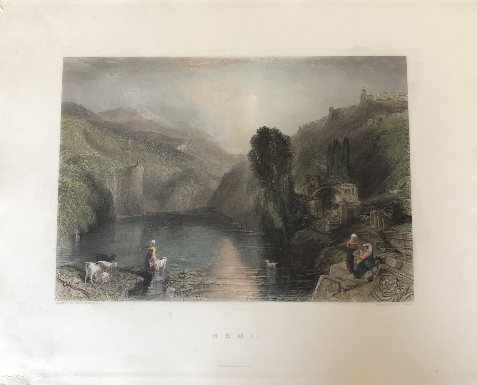 JMW Turner - Lake Nemi, Italy engraved by Robert Wallis 1887: This hand coloured engraving is from The Imperial Gallery of British Art published by Cassell & Company in 1887.17in x 13in (44cm x 33cm).
