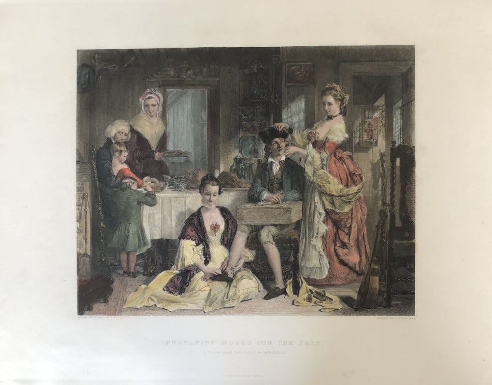 D Maclise RA - Preparing Moses for the Fair engraved by L Stocks 1887: This hand coloured engraving is from The Imperial Gallery of British Art published by Cassell & Company in 1887.17in x 13in (44cm x 33cm).