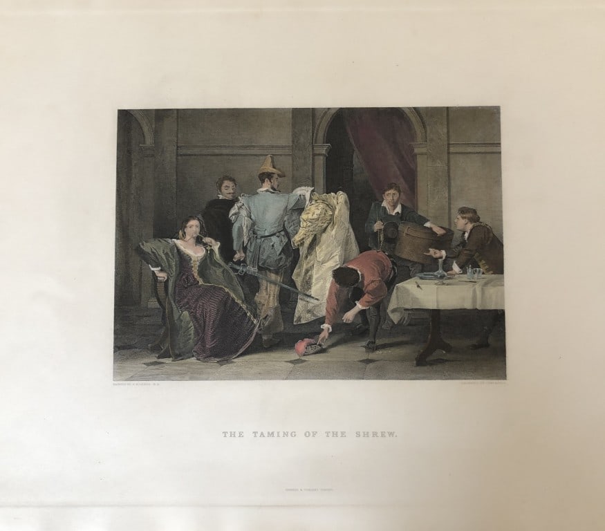 CR Leslie RA - The Taming of the Shrew engraved by Charles Rolls 1887: This hand coloured engraving is from The Imperial Gallery of British Art published by Cassell & Company in 1887.17in x 13in (44cm x 33cm).
