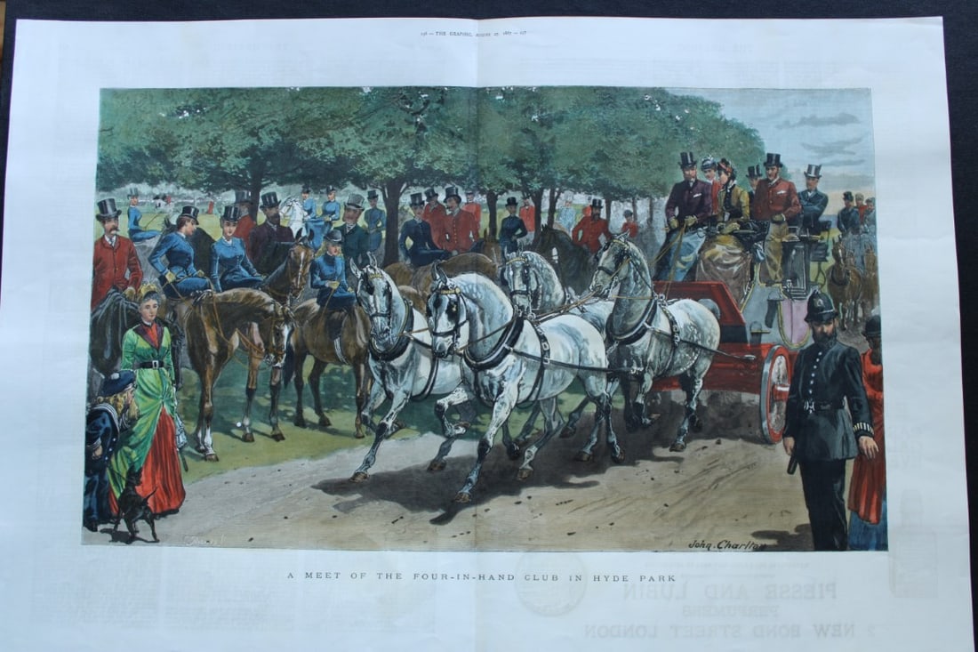 John Charlton - Four-in-Hand Club in Hyde Park 1887: This hand coloured engraving entitled A meet of the four-in-hand club in Hyde Park was drawn by John Charlton for the Graphic in 1887.Size: 21.5in x 14.5in (55cm x 37.5cm)