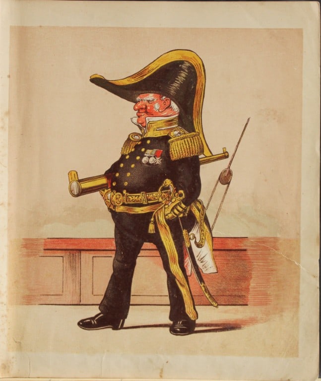 Capt Seccombe - Engraving of The Admiral 1870: This engraving is from Army and Navy Drolleries by Captain Seccombe, with alphabetical descriptions, and illustrations from designs by the author, printed in colours by Bronheim.Published by London : 