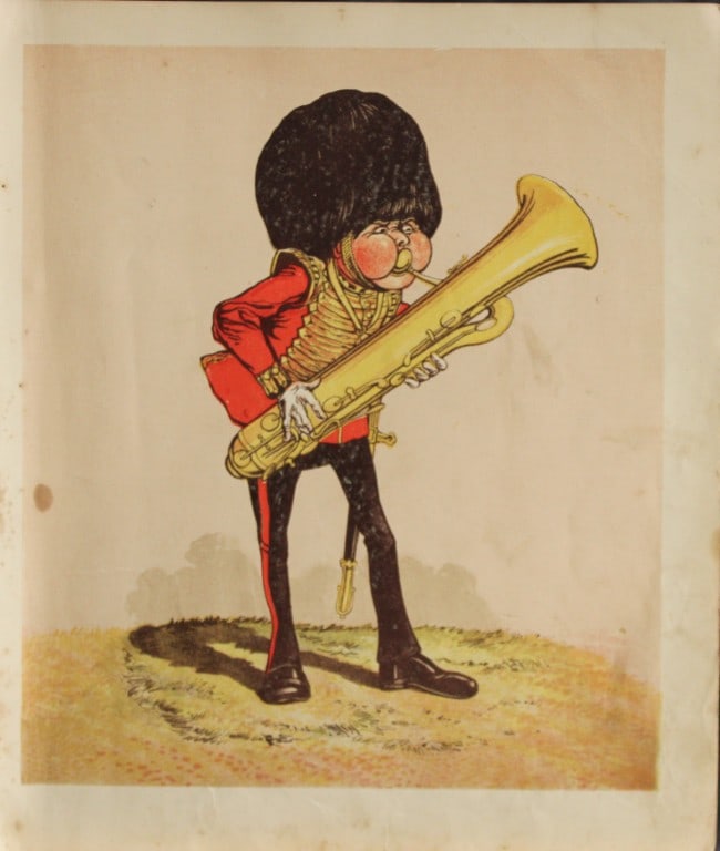 Capt Seccombe - Engraving of The Bandsman 1870: This engraving is from Army and Navy Drolleries by Captain Seccombe, with alphabetical descriptions, and illustrations from designs by the author, printed in colours by Bronheim.Published by London : 