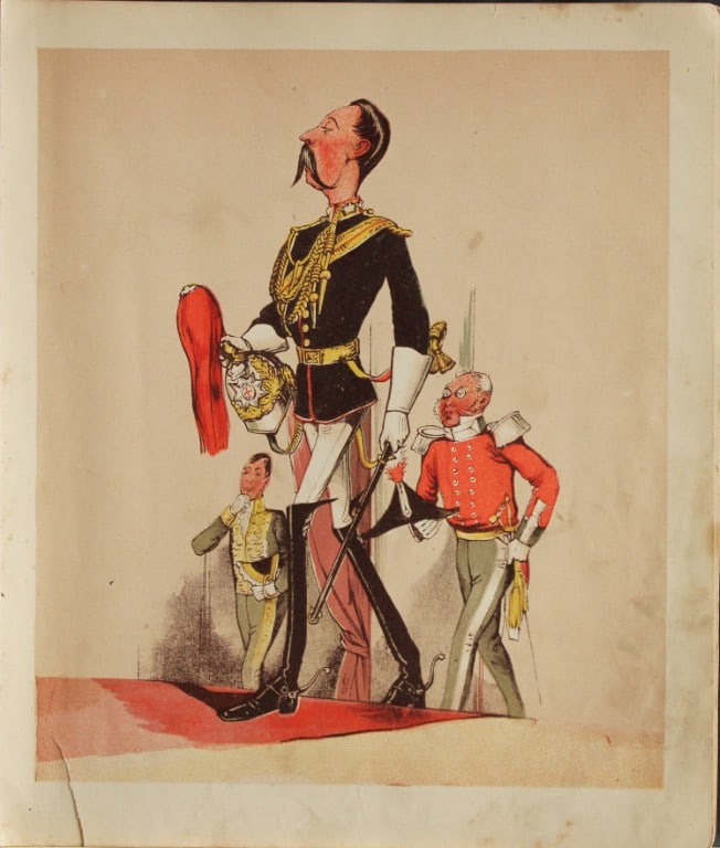 Capt Seccombe - Engraving of The Captain 1870: This engraving is from Army and Navy Drolleries by Captain Seccombe, with alphabetical descriptions, and illustrations from designs by the author, printed in colours by Bronheim.Published by London : 