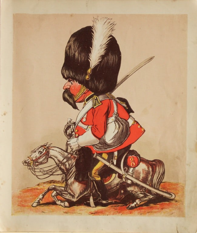 Capt Seccombe - Engraving of The Dragoon 1870: This engraving is from Army and Navy Drolleries by Captain Seccombe, with alphabetical descriptions, and illustrations from designs by the author, printed in colours by Bronheim.Published by London : 