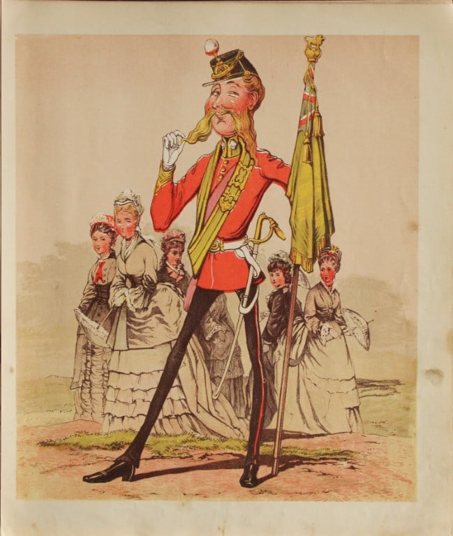 Capt Seccombe - Engraving of The Ensign 1870: This engraving is from Army and Navy Drolleries by Captain Seccombe, with alphabetical descriptions, and illustrations from designs by the author, printed in colours by Bronheim.Published by London : 