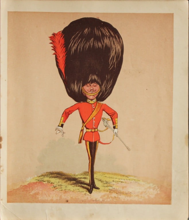 Capt Seccombe - Engraving of The Guardsman 1870: This engraving is from Army and Navy Drolleries by Captain Seccombe, with alphabetical descriptions, and illustrations from designs by the author, printed in colours by Bronheim.Published by London : 