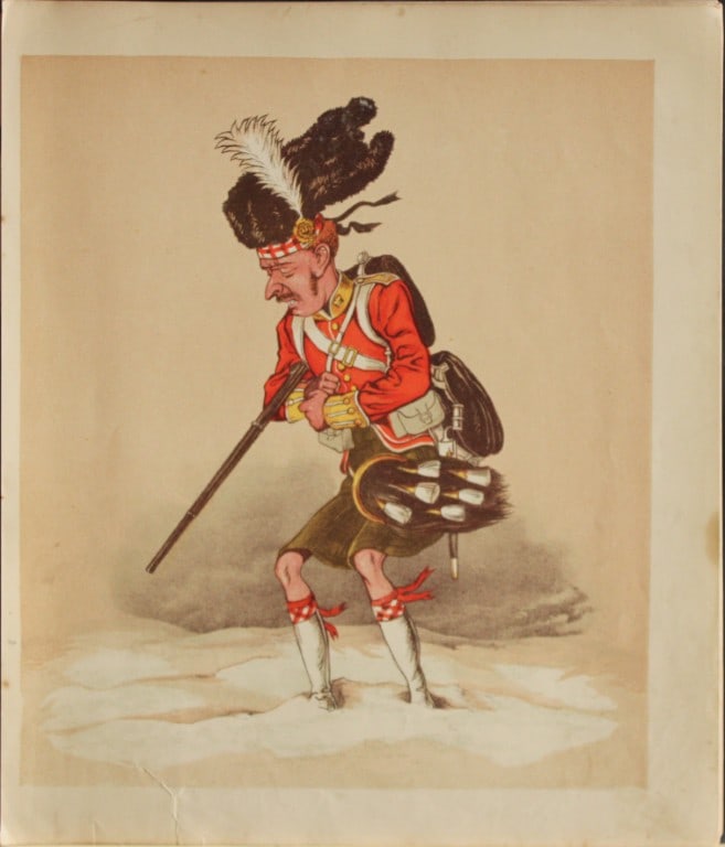 Capt Seccombe - Engraving of The Highlander 1870: This engraving is from Army and Navy Drolleries by Captain Seccombe, with alphabetical descriptions, and illustrations from designs by the author, printed in colours by Bronheim.Published by London : 