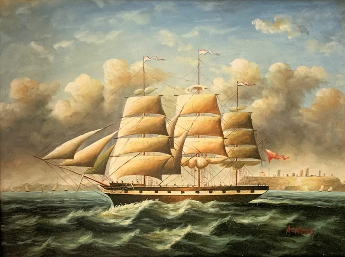 Albert Hess - Rare original oil painting of clipper ship c1920: Albert Hess – Rare original oil painting of a three-masted clipper ship or packet ship driving forward at full sail through choppy, cresting ocean waves against a dramatic, cloud-filled sky.Albert H