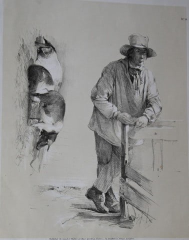 Thomas Sidney Cooper - Lithograph of farmer and pigs 1837: This sepia lithograph is after a drawing by Thomas Sidney Cooper and is from Studies of Cattle, Drawn from Nature Part 5. The lithographer was A Ducote and published by S & J Fuller, London 1837. Size