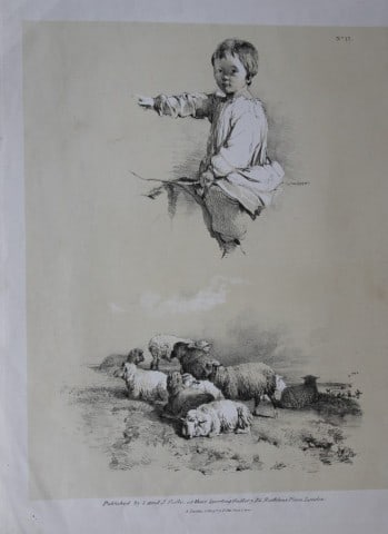 Thomas Sidney Cooper - Lithograph of a child and sheep 1837: This sepia lithograph is after a drawing by Thomas Sidney Cooper and is from Studies of Cattle, Drawn from Nature Part 5. The lithographer was A Ducote and published by S & J Fuller, London 1837. Size