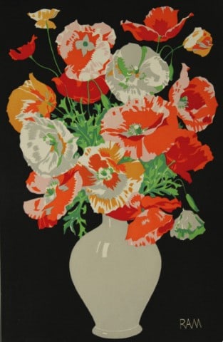 Poppies - Art Deco colour block print by RAM c 1930: Poppies - Art Deco colour block print by RAM c 1930