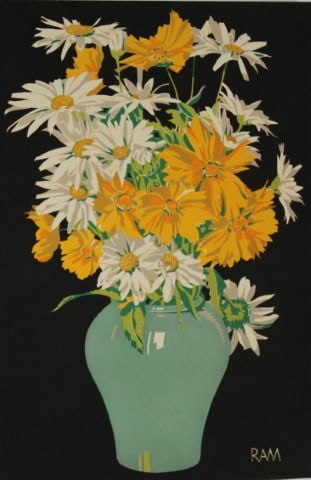Daisies and Coreopsis - Art Deco colour block print by RAM c 1930: Daisies and Coreopsis - Art Deco colour block print by RAM c 1930