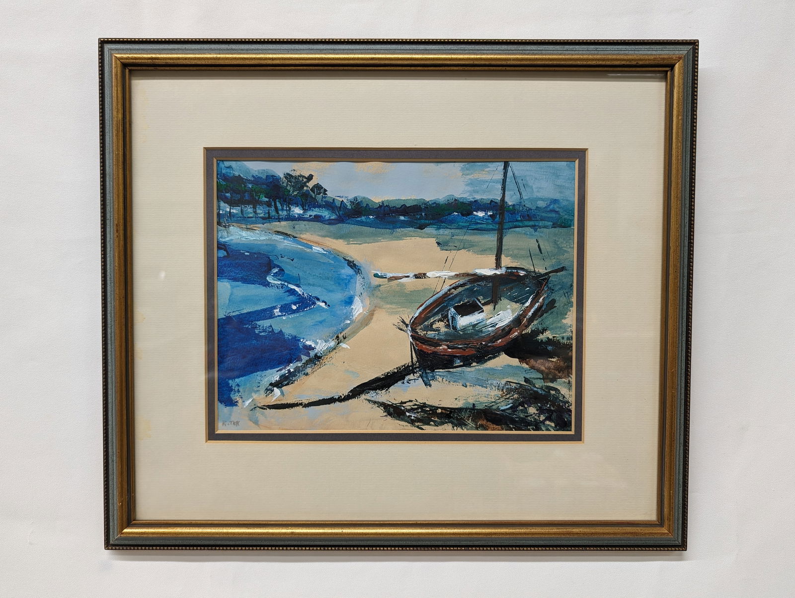 Signed Rutek Beached Sailboat Painting on Paper Canadian Artist (1 of 5)