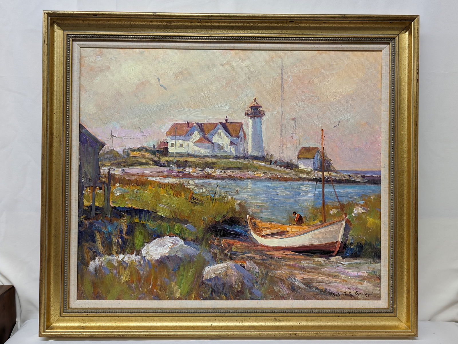 Robert Charles Gruppe, Oil on Canvas, Ten Pound Island Lighthouse, Gloucester Harbor Painting (1 of 13)