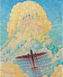 ALESSANDRO BRUSCHETTI: Perugia 1910 - Brugherio 1980AEROPITTURA, 1933Olio su tela, cm. 46x38Firma e data in basso a destra: A. Bruschetti XXXIIISul retro firma e data: Alessandro Bruschetti / 1933