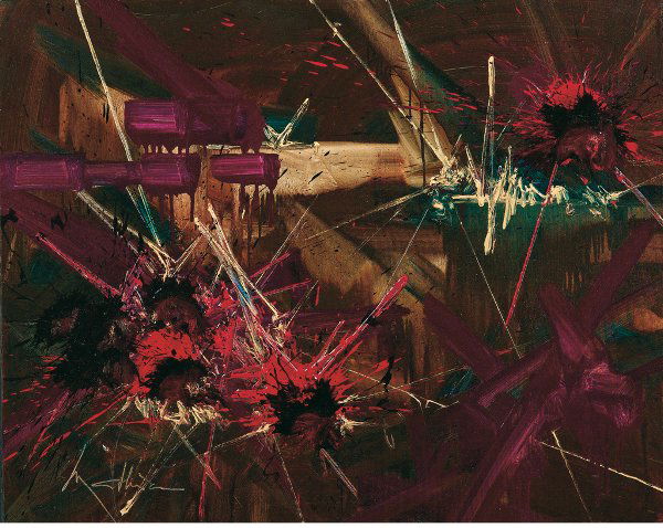 GEORGES MATHIEU: Boulogne Sur Mer 1921RÉSIGNATION AILÉEOlio su tela, cm. 73x92Firma in basso a sinistra: MathieuSul retro titolo: RÉSIGNATION AILÉEAutentica dell'artista su fotografiaBibliografia:Mathieu, cat. mos