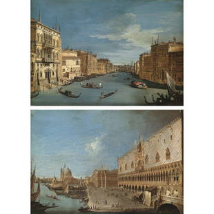 VINCENZO CHILONE: Venezia 1758 – 1839 Veduta del Canal Grande da Palazzo Balbi verso il ponte di Rialto con Palazzo Pisani e Palazzo Grimani Tempera su pergamena, cm 34x48,2 Veduta del molo verso l'imbocco del