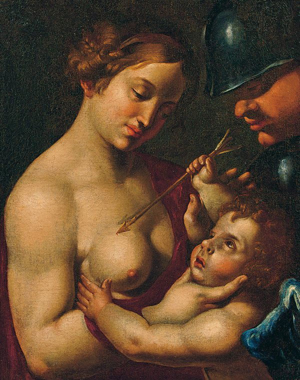 PITTORE DELLA CERCHIA DI ANNIBALE CARRACCI: Bologna, inizi del XVII secoloMarte, Venere e Cupidoolio su tela, cm 60,5x48,5