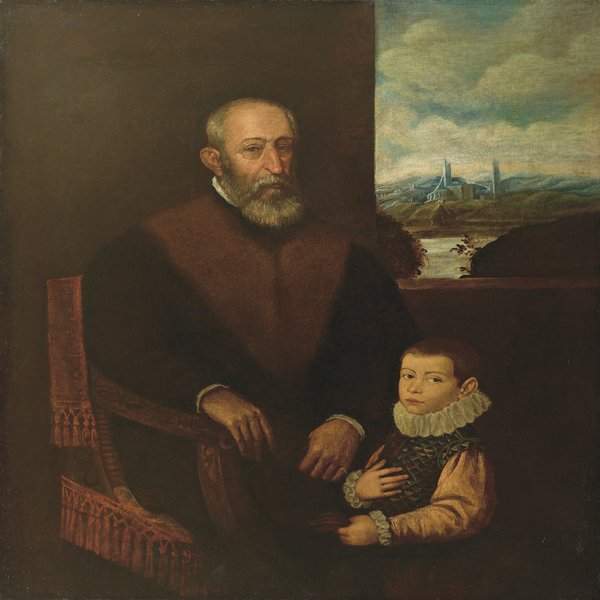 PITTORE DELLA CERCHIA DI FELICE BRUSASORCI: Verona, fine del XVI secoloRitratto di vecchio con il nipote olio su tela, cm 150x117