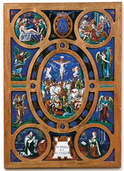 MANIFATTURE LIMOSINE DELLA PRIMA META' DEL XVI S: CROCIFISSIONE CON I COMMITTENTI placca rettangolare in rame smaltato in policromia, montata entro cornice lignea, cm. 113x80 La placca, di raffinata esecuzione, è caratterizzata da una vivace ricerca