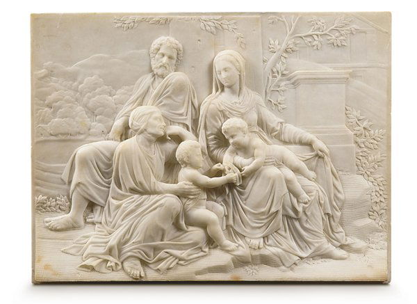 SCULTORE NEOCLASSICO ATTIVO FRA VENETO E LOMBARDI: SACRA FAMIGLIA CON SAN GIOVANNINO ED ELISABETTA, bassorilievo scolpito in marmo, cm. 29x32L'episodio dell'incontro fra Gesù Bambino e san Giovannino, non è narrato nei vangeli canonici ma deriva pri