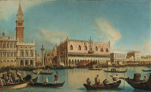 VINCENZO CHILONE: Venezia 1758 – 1839 Il Molo dal Bacino di San Marco, olio su tela, cm 52,5x84. Questa vedute veneziane è riferibile a Vincenzo Chilone, interessante figura di pittore prevalentemente noto come